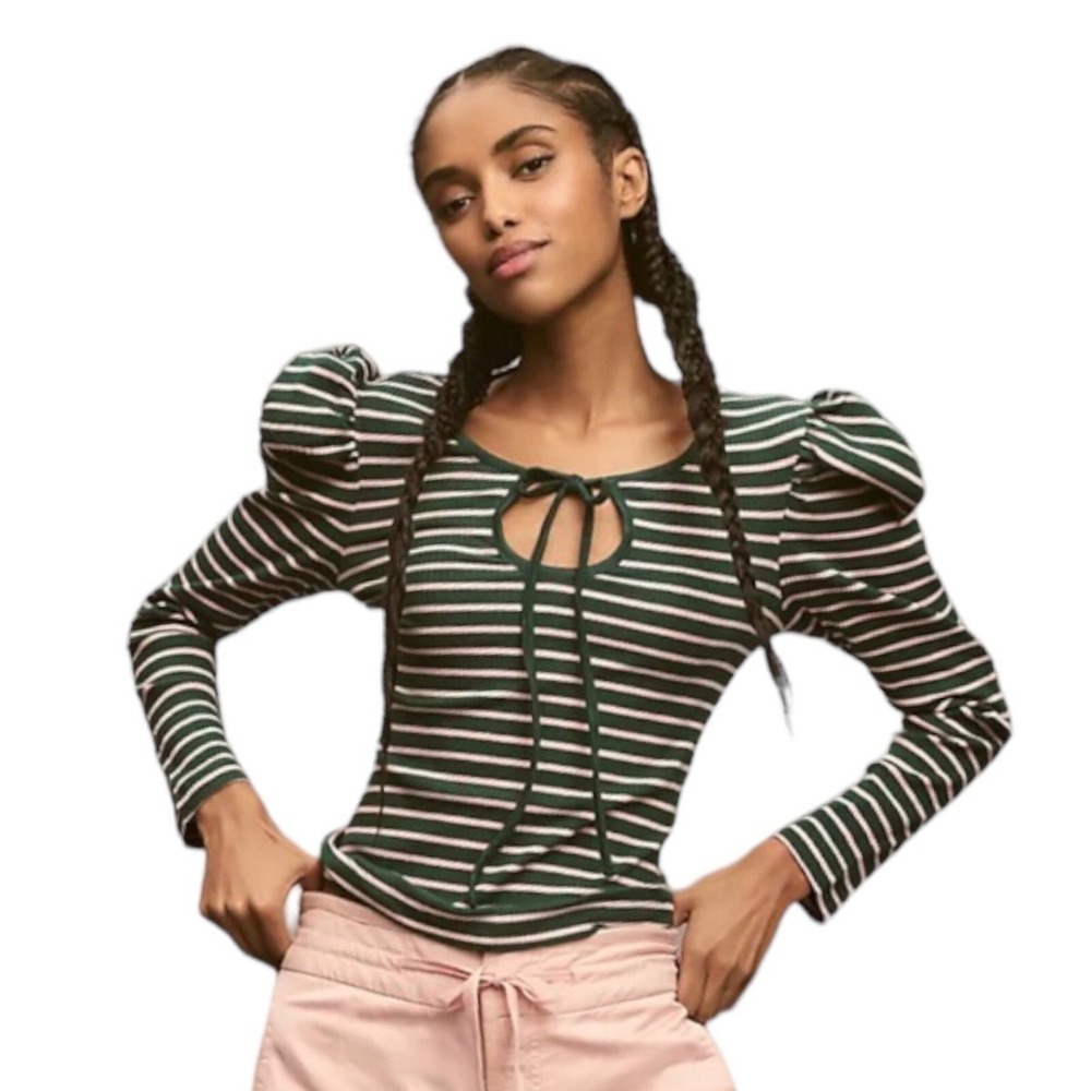 NWT Porridge Anthropologie Ruffle Puff Sleeve Top Green Pink Striped Size XL $68